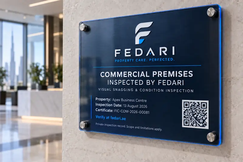 Fedari 'Inspected by Fedari' plaque at an inspected commercial premises