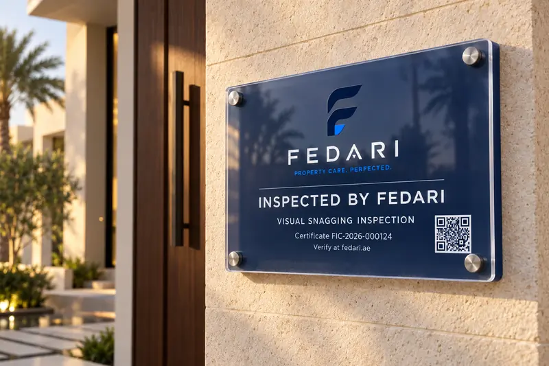 Fedari 'Inspected by Fedari' plaque at a villa entrance in Dubai